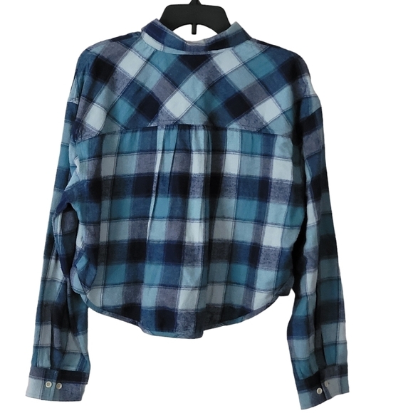 BP. Crop Flannel Button-Up Shirt in Blue Lucie Plaid NWOT - Picture 3 of 9